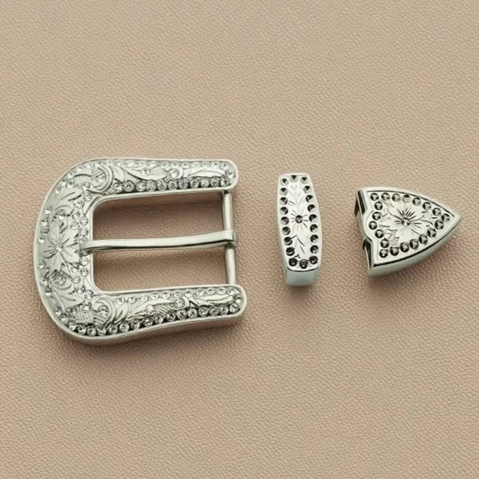 2025 Factory Sale Various Widely Flower Engraved Custom 3 Piece Western Rhinestone Belt Buckles Set