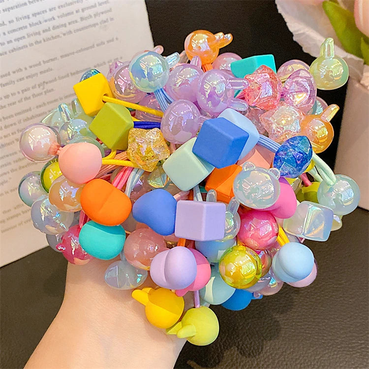 5pcs/set 2022 Colorful Elastic Baby Hair Tie Cute Cartoon Shape Kids Hair Ties Double Hair Beads for Girl Kids Ponytail