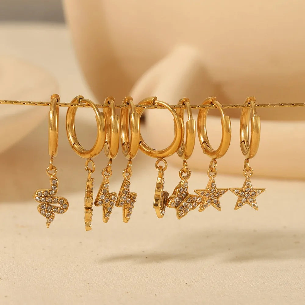 Luxury Gold Plated Stainless Steel Butterfly Star Snake Pendant Dangle Hoop Earrings Women Jewelry