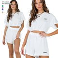 2 Piece Casual Knitting Midriff-Baring 65% Cotton 35% Polyester Summer Drawstring Short Sleeve Crew Neck Women's Shorts Sets