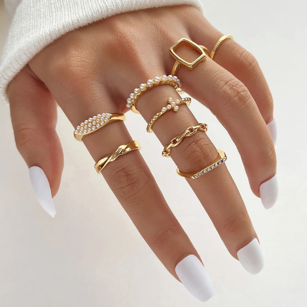 VKME 8Pcs/Set Pearl Cross Geometric Shape Hollow Ring Set Wholesale for Women Jewelry
