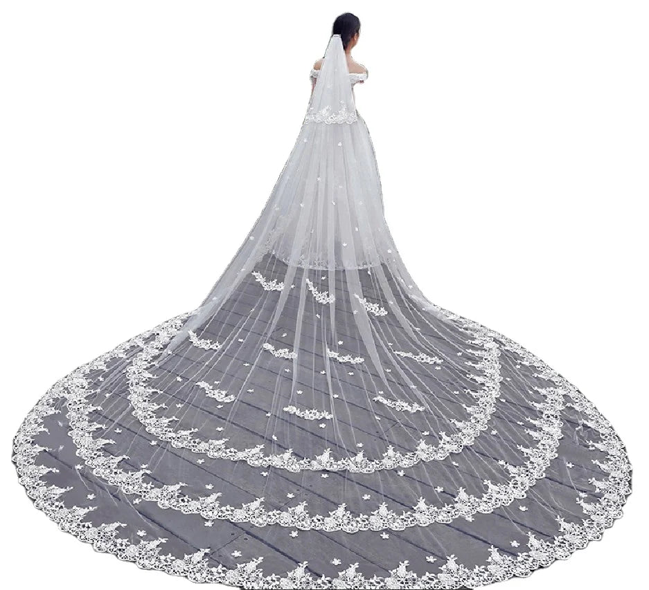 AL1035 Customizable Length Wedding Bridal Veils New White Lace with Three-dimensional Flowers and Cathedral Veils Tiara Veil
