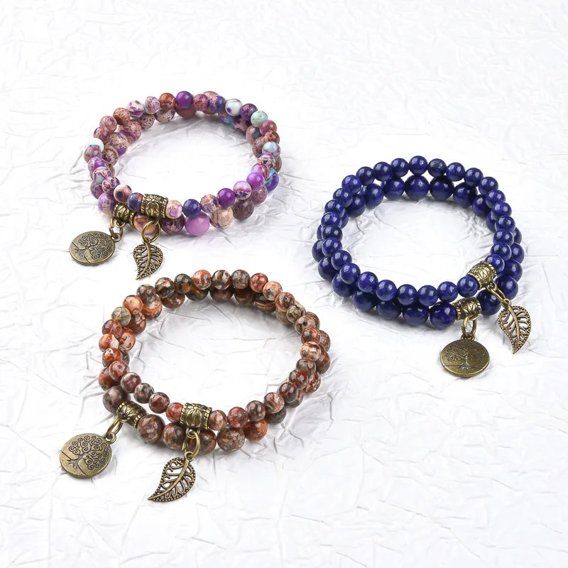 New Natural Semi-Precious Gemstone Beads Bracelet Tree of Life Charm Energy Healing Leaf Chakra Stretch Double Row Bracelet