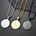 18k PVD Gold Plating Christian Necklace Stainless Steel Round Shape Medal Necklace Religious Pendant Chain with Prayer