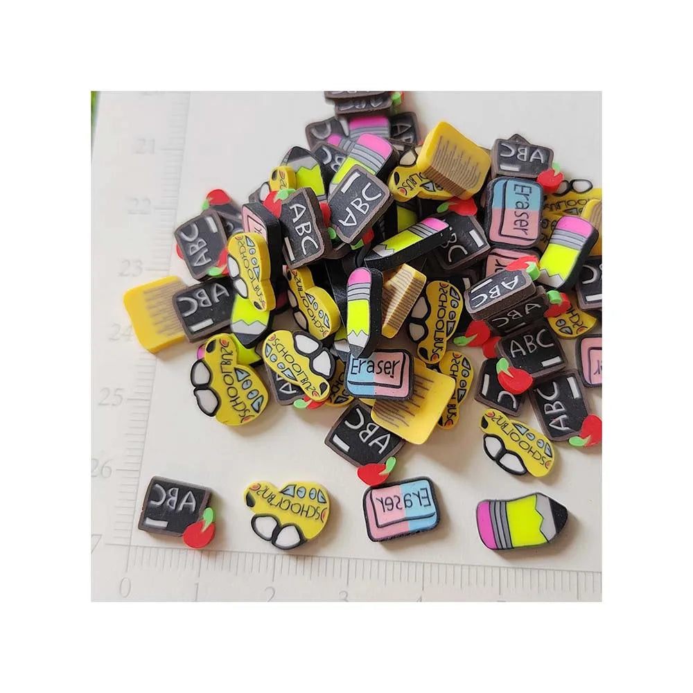 Bulk 3D Cute Back to School Themed Polymer Clay Slice Mixed School Bus Pencil Black Board Eraser Sprinkles for Scrapbooking DIY