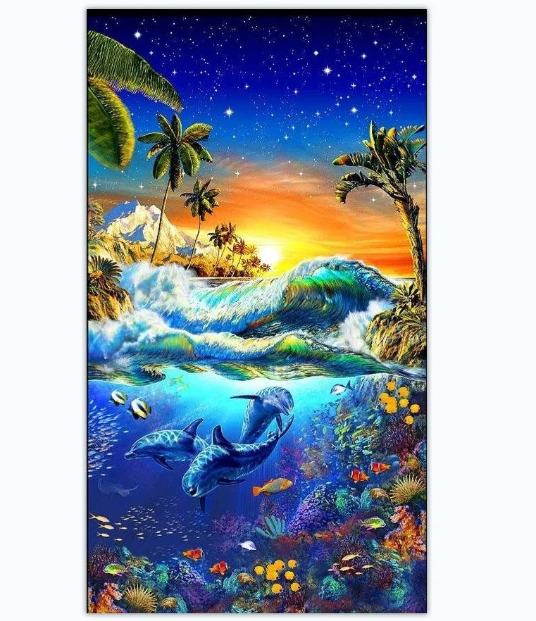 LANSURE DIY Diamond Painting Colorful Landscape 5D Custom Full Drill Sunrise Ocean Scenery Dolphin Cartoon Flower Printed