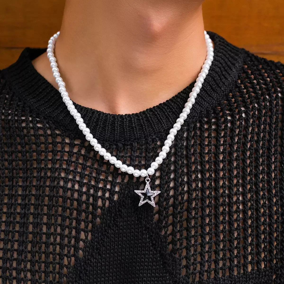 SHIXIN Fashion Men's Stainless Steel Diamond 5-pointed Pearl Necklace Simple Punk New Necklace Jewelry Hot Sale Popular Jewelry