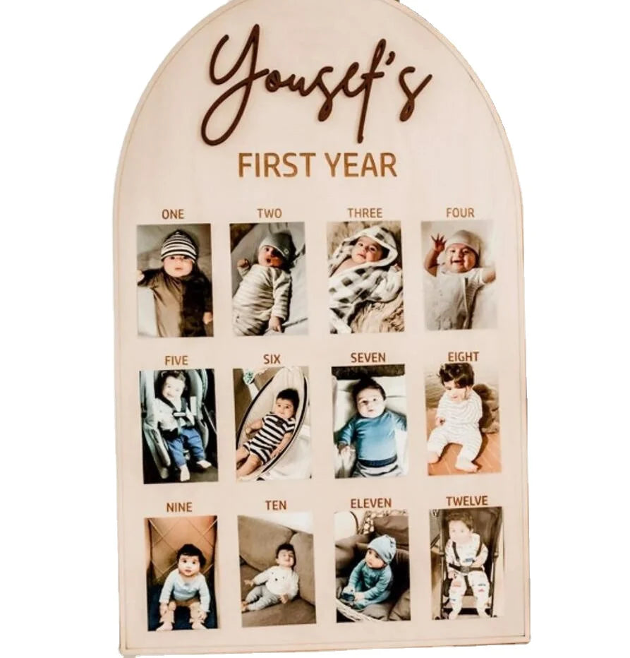 First Birthday Board | Baby's One Year | Twelve Months Photo Wooden Board