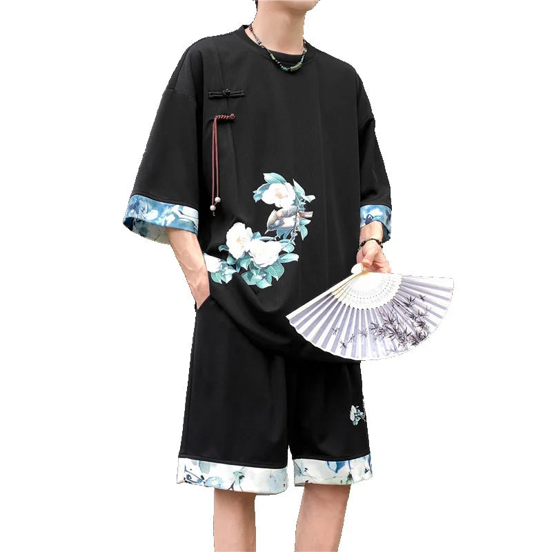 Men Summer Suits Streetwear Loose Short Sleeve T Shirt and Shorts Set Men Chinese Traditional Clothing Men