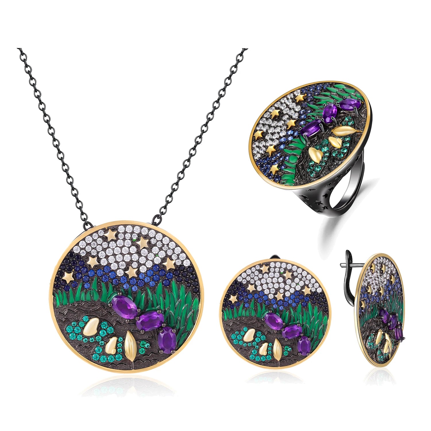 C8200 Abiding Fine Jewelry Manufacturer Dainty Beautiful Pond Designs Natural Amethyst 925 Sterling Silver Jewelry Set