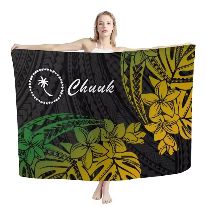 Micronesian Chuuk Sarongs for Women Hawaii Blue Hibiscus Polynesian Design Long Chiffon Cover Ups Beach Swimsuit Wrap Striped 1