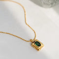Exquisite Vintage Emerald CZ Necklace Jewelry Custom PVD 18K Gold Stainless Steel Zircon Inlaid Square Pendant Necklace Jewelry