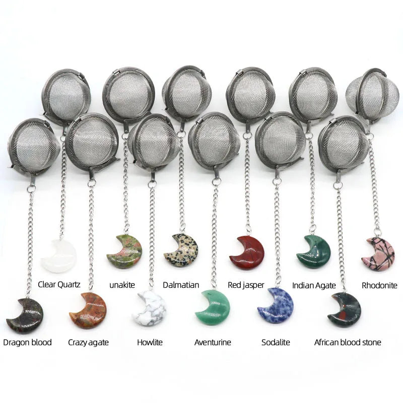 304 Stainless Mesh Tea Filter Ball With Crescent Pendant Healing Gemstone Crystal Tea Infuser Moon Shape Rhodonite Tea Strainer