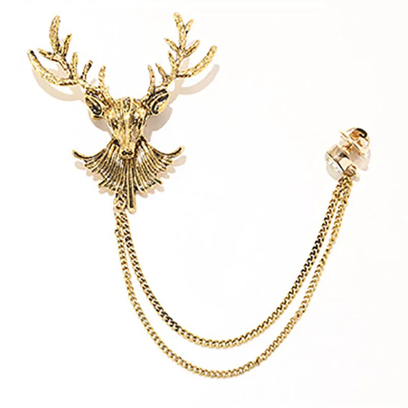 Vintage Lapel Pin Sheep Head Chain Brooch Encrusted Rhinestones Tassel Alloy Male Suit Decorative Crystal Mens Brooches Pins