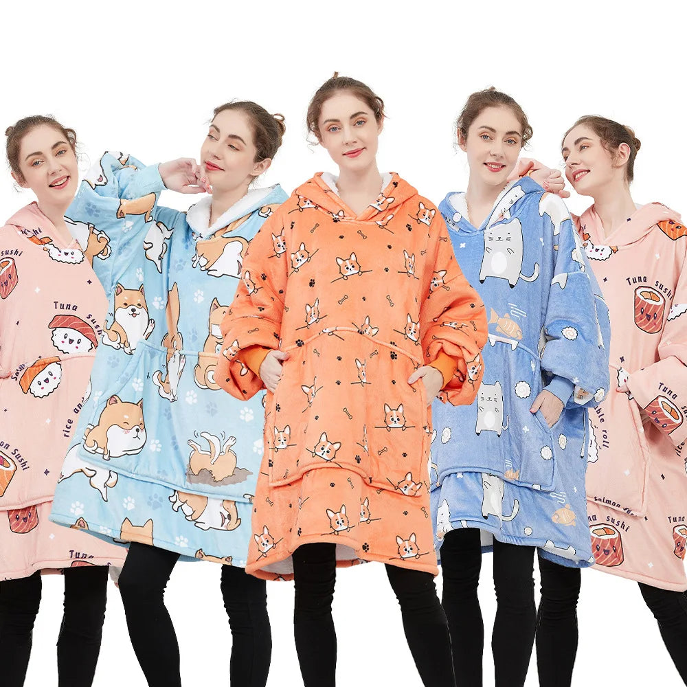 Oversize Sherpa Fleece Hoodie Super Warm Cozy Character Pattern Customizable Wearable Blanket with Modern Style for Kids