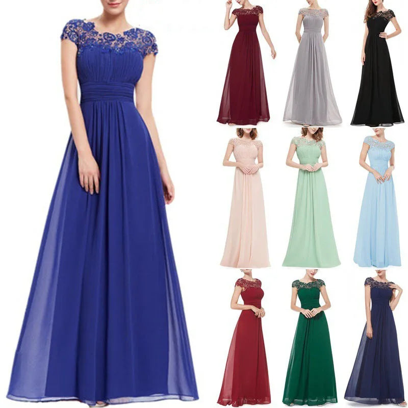 YQY8969 New Arrival Wedding Bridesmaid Dresses Round Neck Chiffon Long Chic Modest Evening Dresses Lace Dress for Ladies