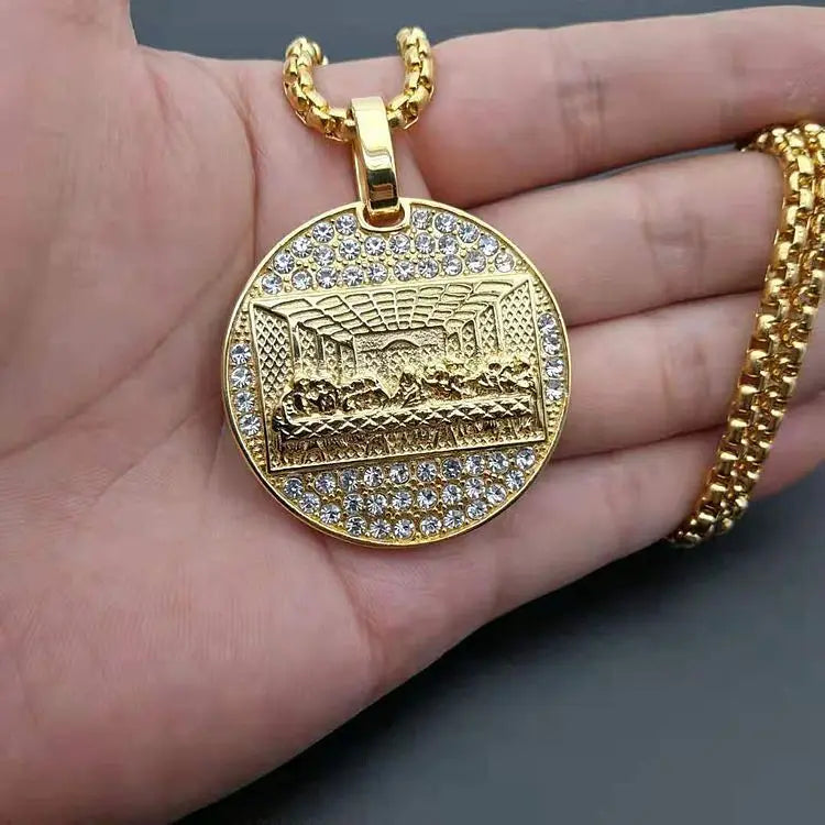 Mens Iced Out Diamond Stainless Steel 18k Gold Plated Round the Last Supper Pendant Necklace