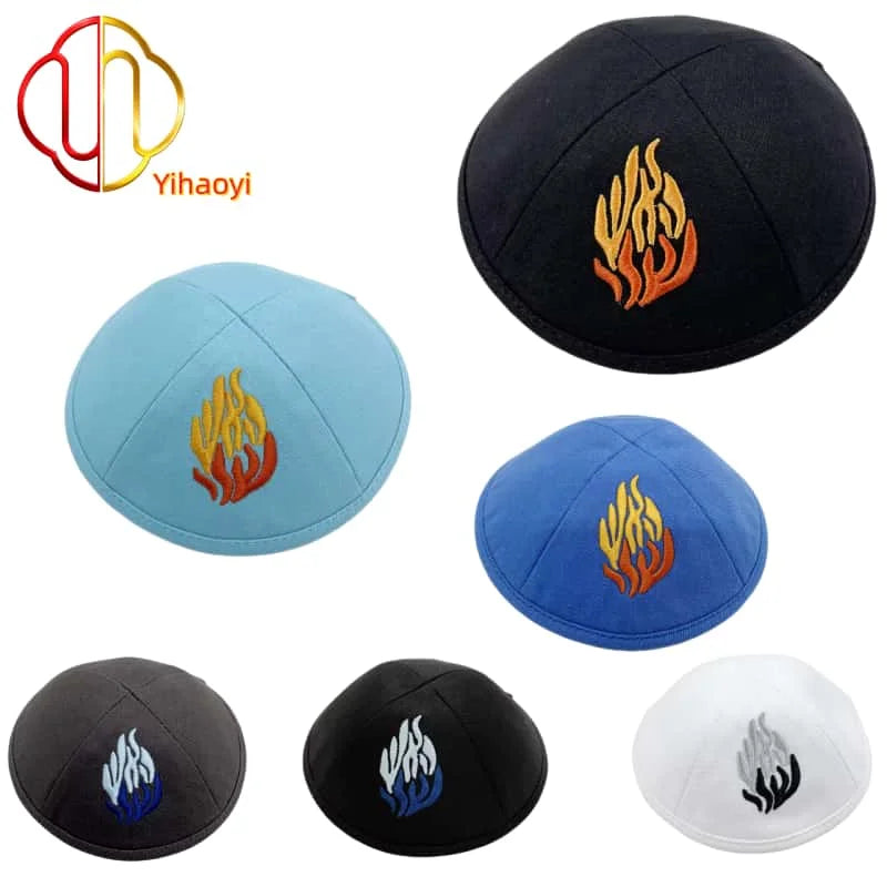 Yihaoyi Men 18cm Kippah Yarmulka Hat With Fire Embroidery Colors Are Optional Custom Logo Jewish Judaica Headwear