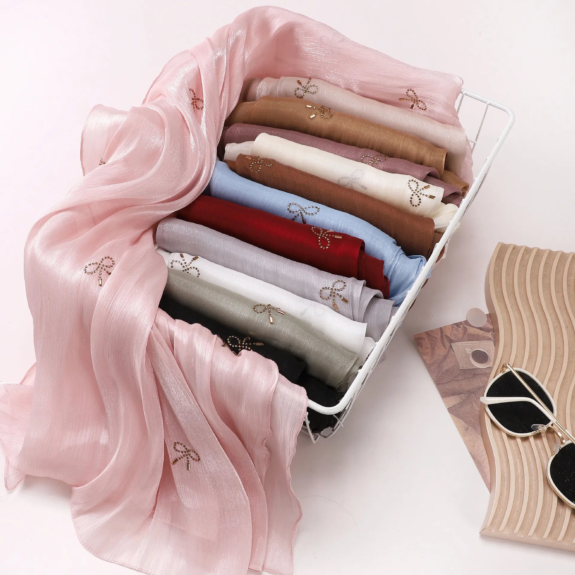 New Seamless Crinkle Silk Scarf Bow Rhinestone Detail Glittering Satin Sheen Luxury Hijab for Women Evening Wear