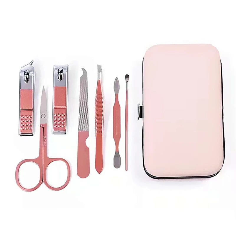 Wholesale 7 Pcs Stainless Steel Pink Black Nail Clippers File Manicure Set Pedicure Care Tools