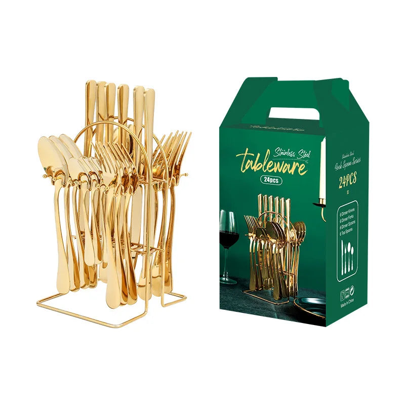 Drop Shipping With Storage Rack Stainless Steel Tableware Set Gold Flatware Sets
