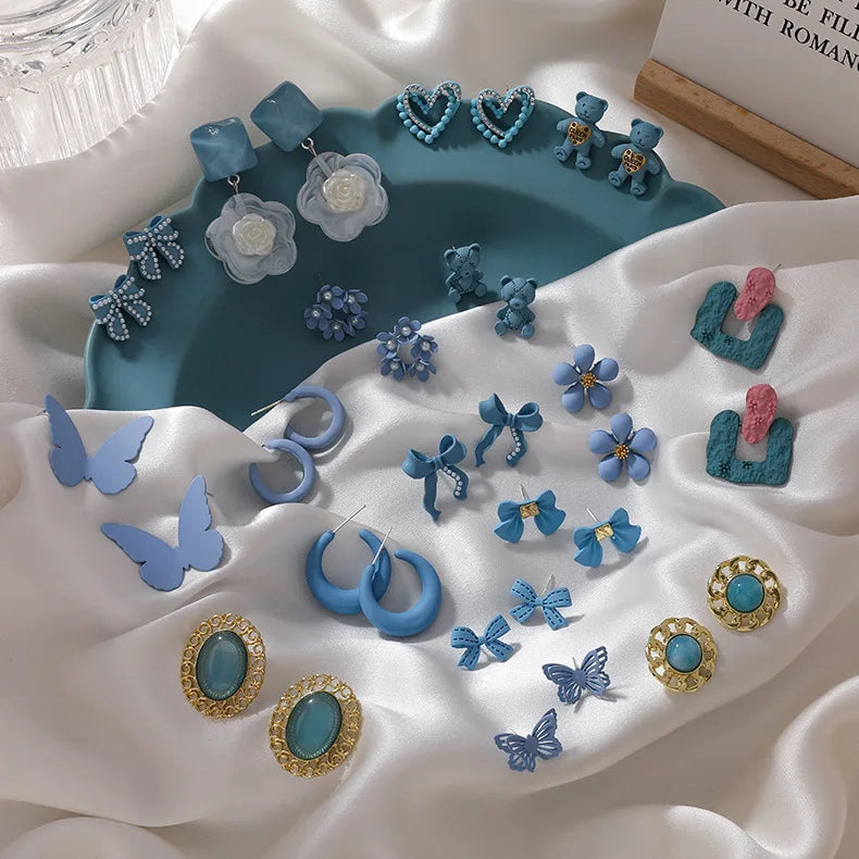Wholesale Large Stock Korean Flower Mixed Designs Blue Stud Earrings for Women 2021