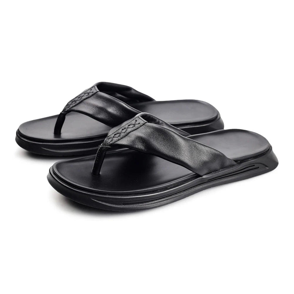 Trendy Men's Genuine Cowhide Leather Flip-Flop Sandals Sports Toe-Post Beach Slides Anti-Slip Outdoor Vacation Slippers Winter