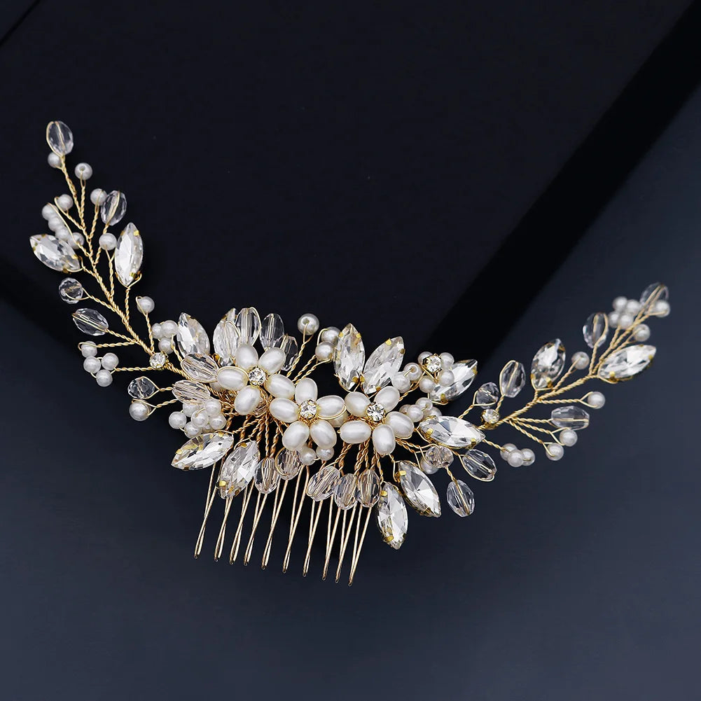 Gold Classic Handmade Crystal with Imitation Pearl Bridal Wedding Hair Comb Hair Jewelry Wedding Jewelry