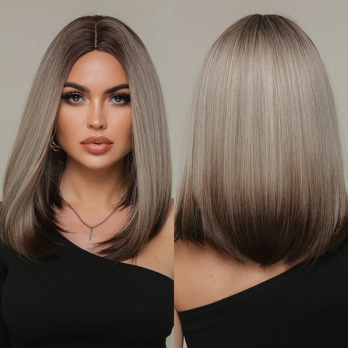 Wholesale Brown Ombre Ash Blonde Straight Synthetic Wigs for Black Women Medium Length Hair Wig