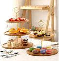 Double-Layer Bamboo Storage Rack Gold Metal Handle Cake Serving Dessert Snack Display Stand Wooden Stand Dish Salad Plates Wood