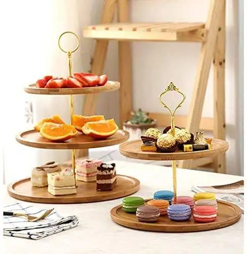 Double-Layer Bamboo Storage Rack Gold Metal Handle Cake Serving Dessert Snack Display Stand Wooden Stand Dish Salad Plates Wood