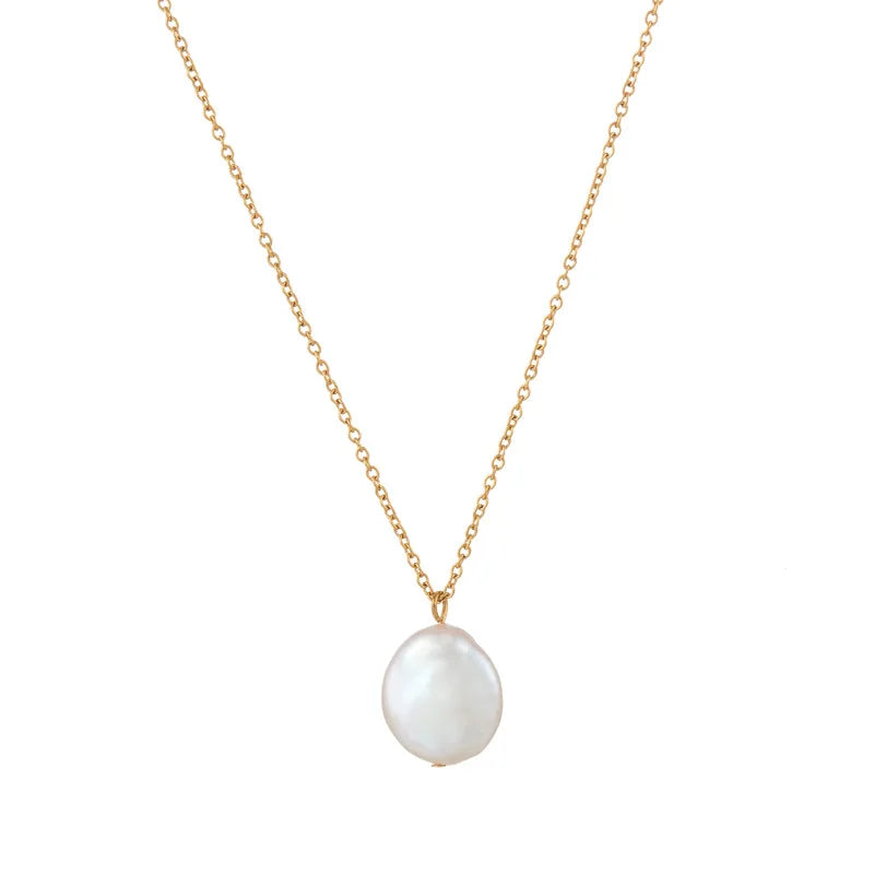 New Minimalist Freshwater Pearl Necklace Figaro Chain Stainless Steel Flat Round Button Pearl Elegant Fashion Style Jewelry