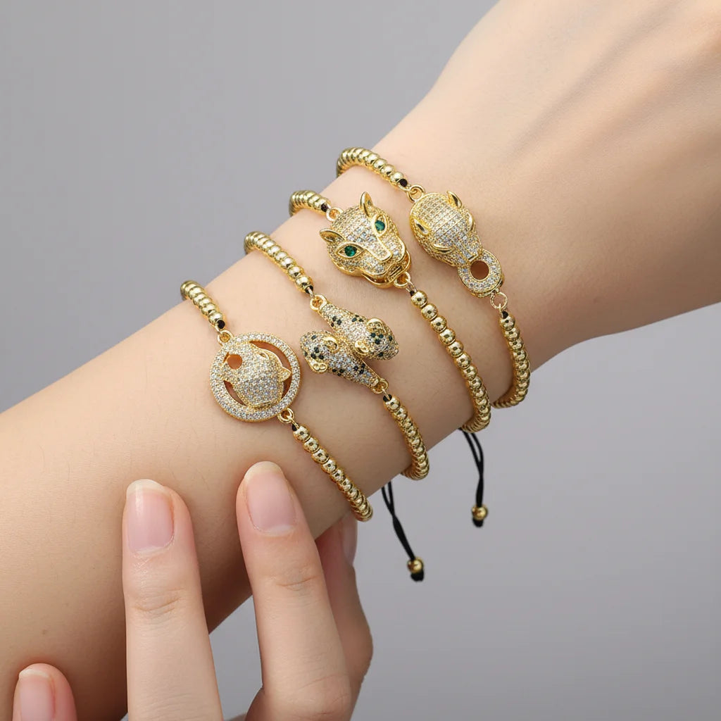 Copper Plated 18K Gold Zircon Leopard Copper Beads Draw Rope Bracelet Female INS Punk Hip Hop Hand Jewelry