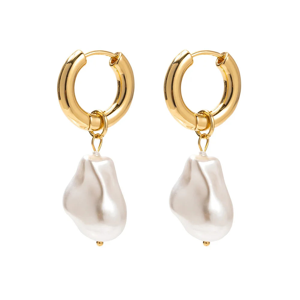 Nickle Free Jewelry 18K Gold Plated Freshwater Pearl Earrings Stainless Steel Pearl Hoop Drop Earrings