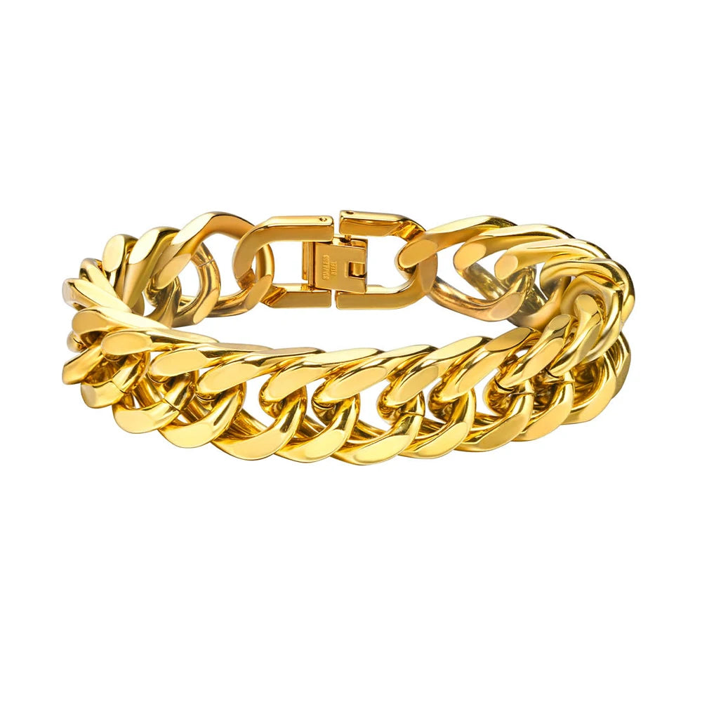 Men's High Quality 15mm Chunky Stainless Steel Flat Curb Chain Bracelet Bangle Gold Plated for Weddings Parties and Gifts