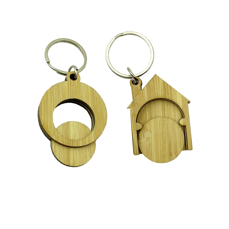 Germany Super Market Eco-Friendly Round Shop Cart Trolley Key Coin Keyring Hand Carved Bamboo Token Keychain