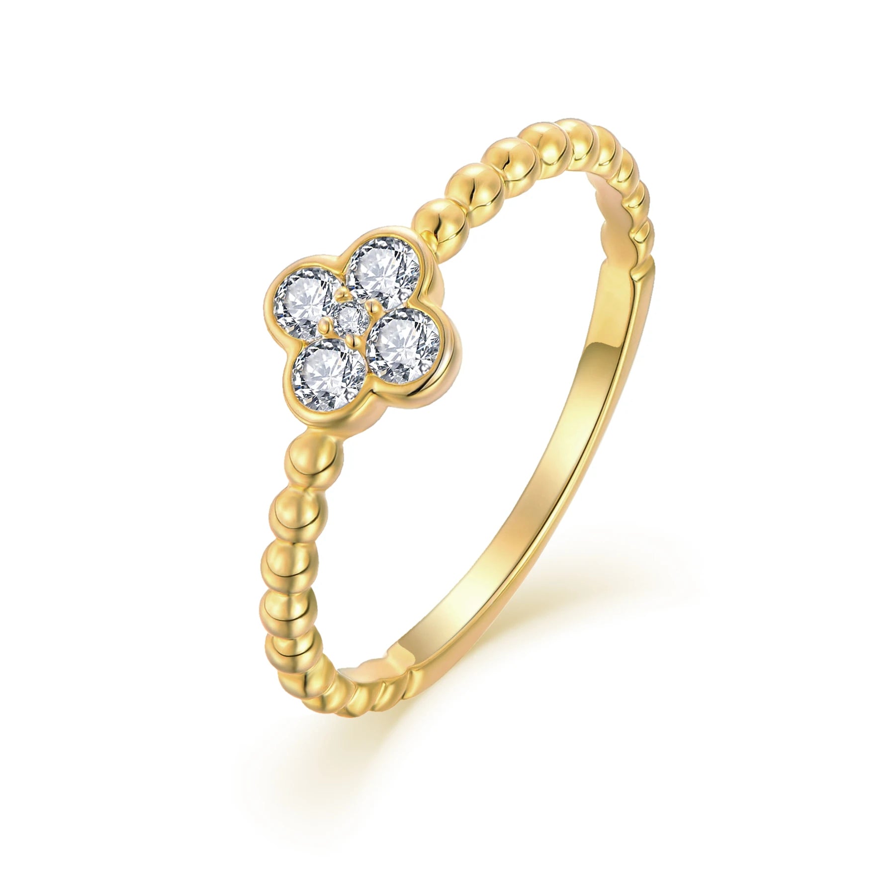 QX Custom OEM Fine Jewelry Luxury Women 18k Gold Plated 925 Silver Four Leaf Clover Flower Cubic Zircon Wedding Band Gift Ring