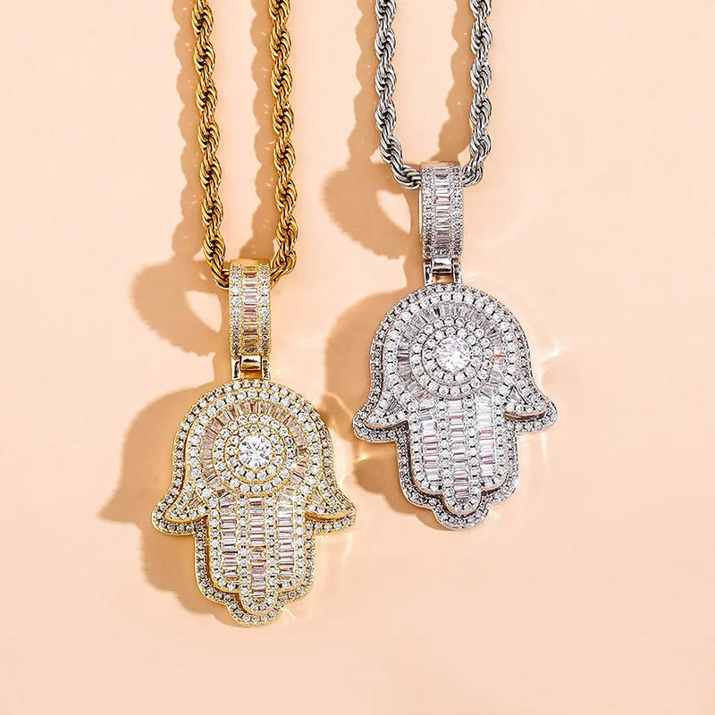 Top Quality Thin Chain Cz Stone 18k Gold Plated Women Shiny Fatima Hamsa Hand Pendant Necklace Cubic Zirconia Hip Hop Jewelry