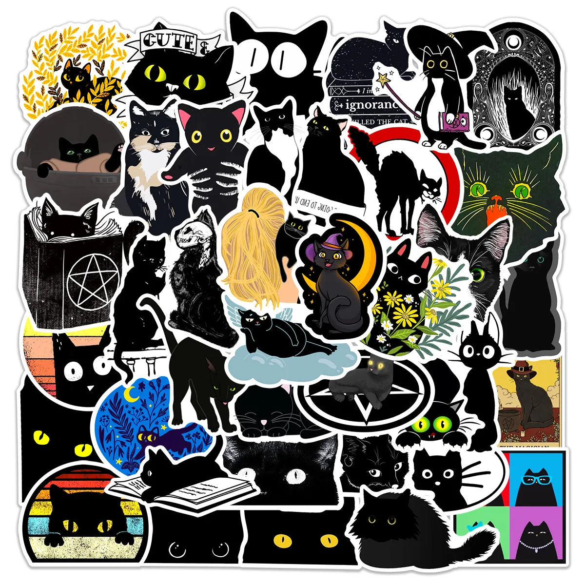 50Pcs Cute Black Cat Decorative Stickers for Girl Kids Suitcase Laptop Bike Guitar Water Bottle Skateboard Vinyl PVC Decals