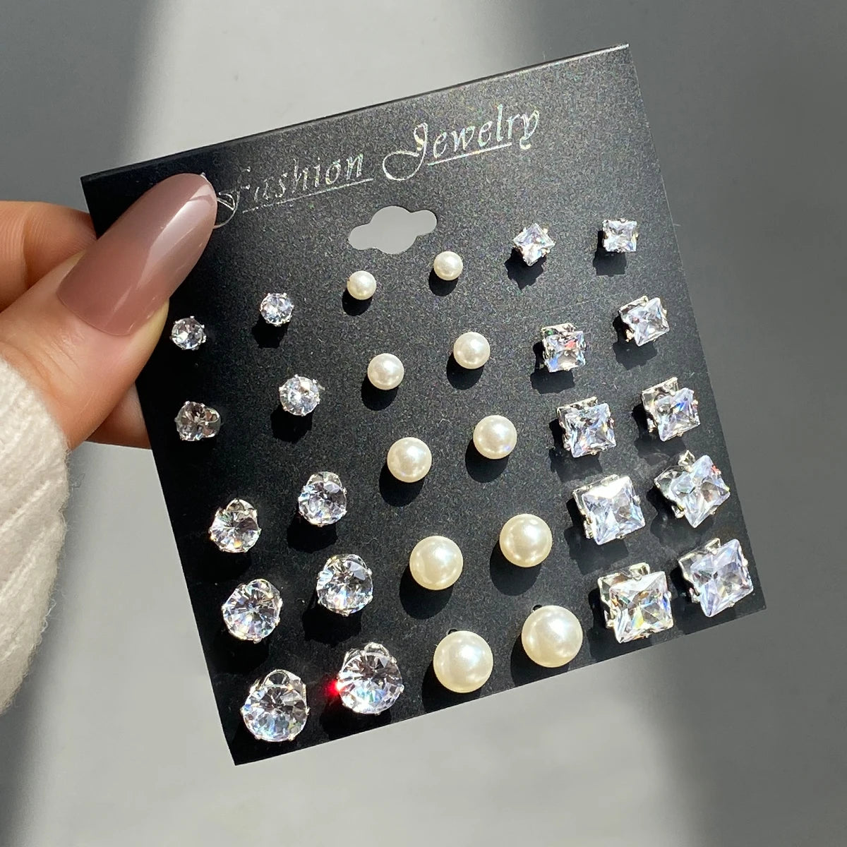 15PCS Fashion Geometry Square Crystal Diamond Pearl Stud Earrings Set Trendy Round  Earrings for Women Jewelry Gift