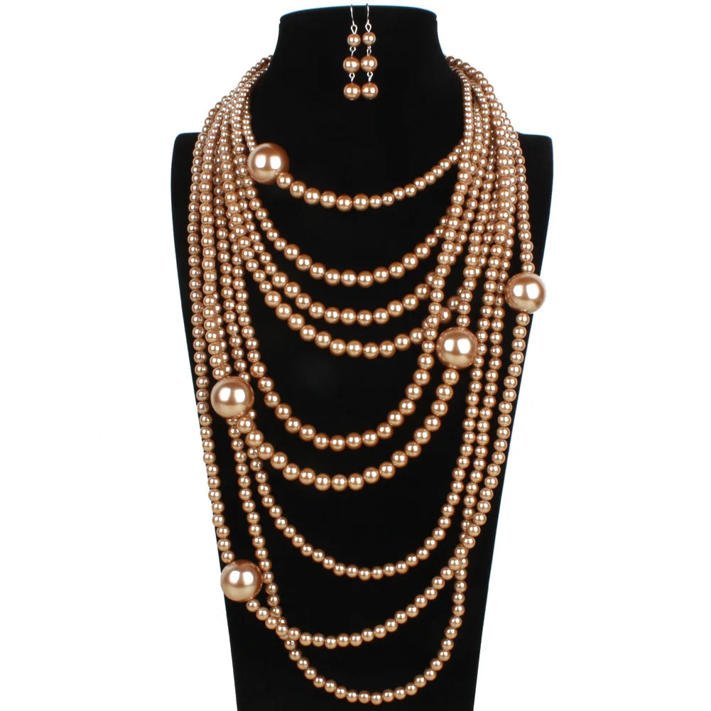 LUOXIN Wedding Women Gold Classic Handmade Seven Strand Layered Bead Necklaces Long Pearl Jewelry Set