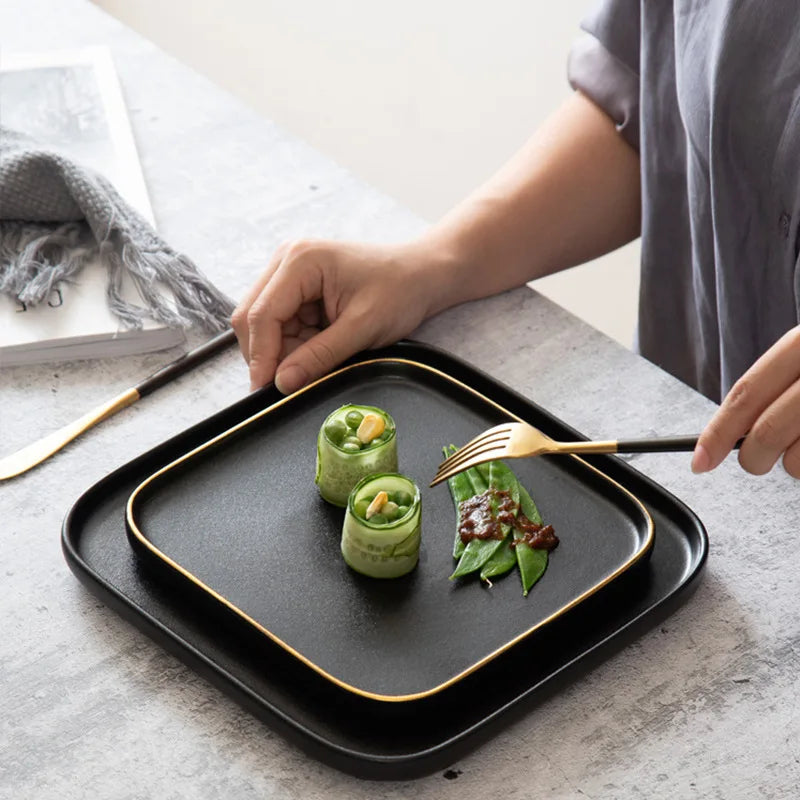 Ins Style Matte Black With Gold Rim Square and Rectangle Dinner Charger Plate for Steak Pasta and Sushi to Restaurant and Hotel