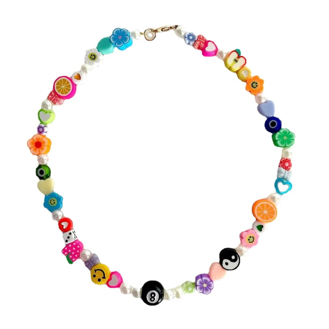 Euro8 Billiard Smiling Face Yin and Yang Elements Handmade Necklace Bead Chain INS Cute Girl Summer