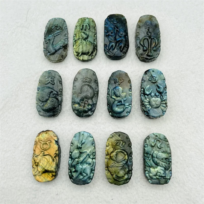Wholesale Natural Flash Crystal Carved 12 Constellations Labradorite Zodiac For Pendant