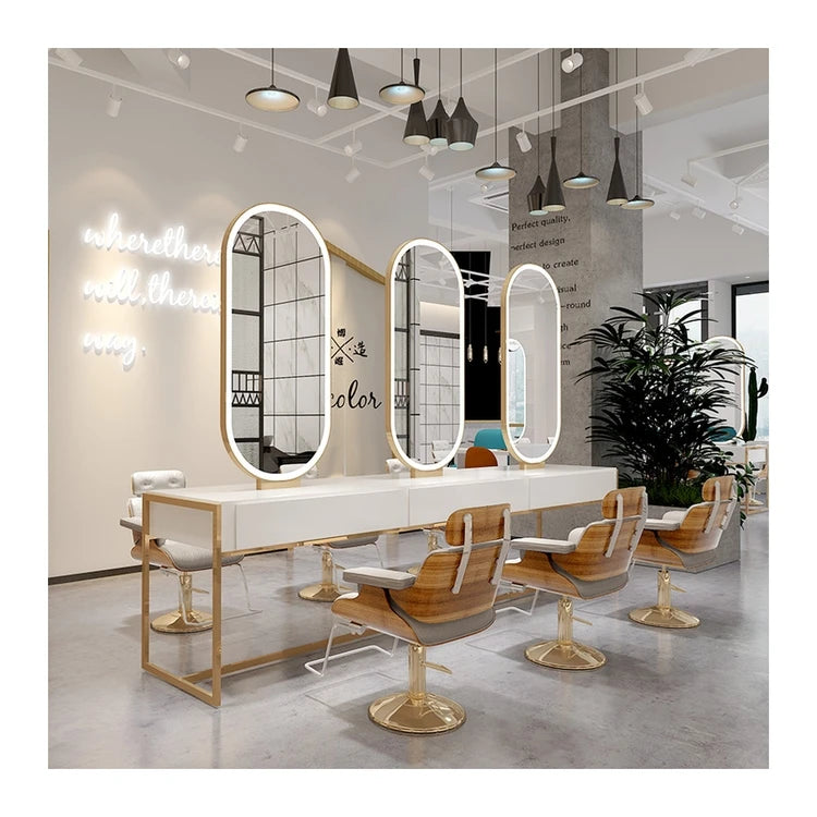 New Product Cound Shape Mirror Stainless Frame Drawer Inside Hair Styling Mirror Station
