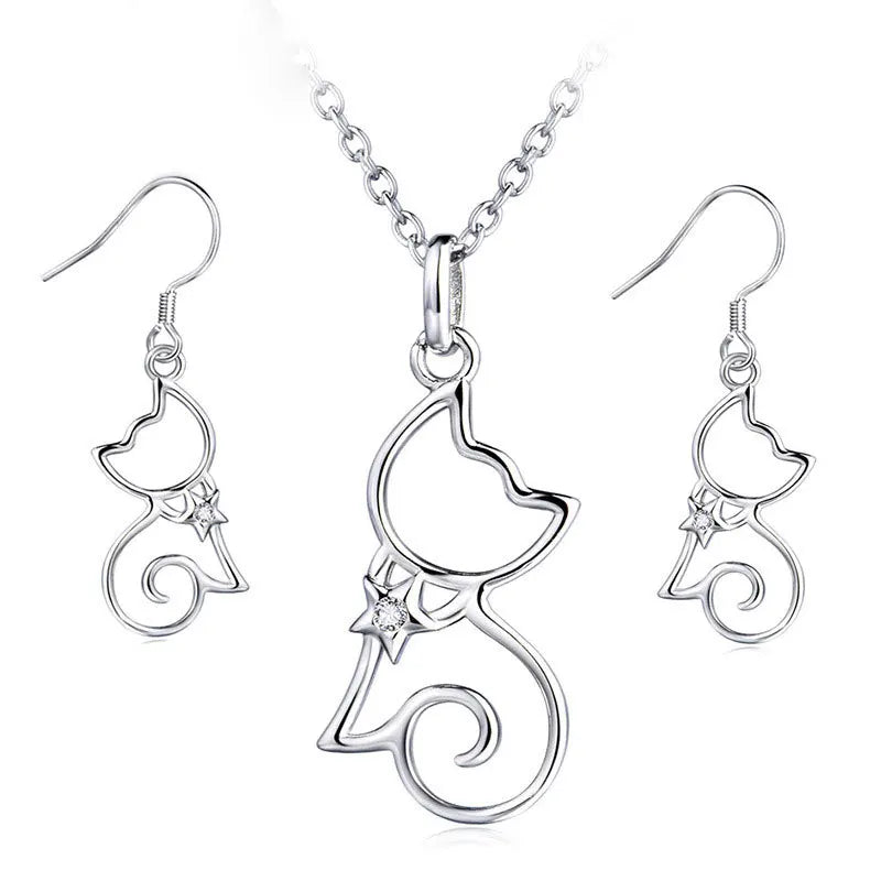 Plated Platinum Kitty Cat 925 Sterling Silver Necklace Earrings Jewelry Set for Women