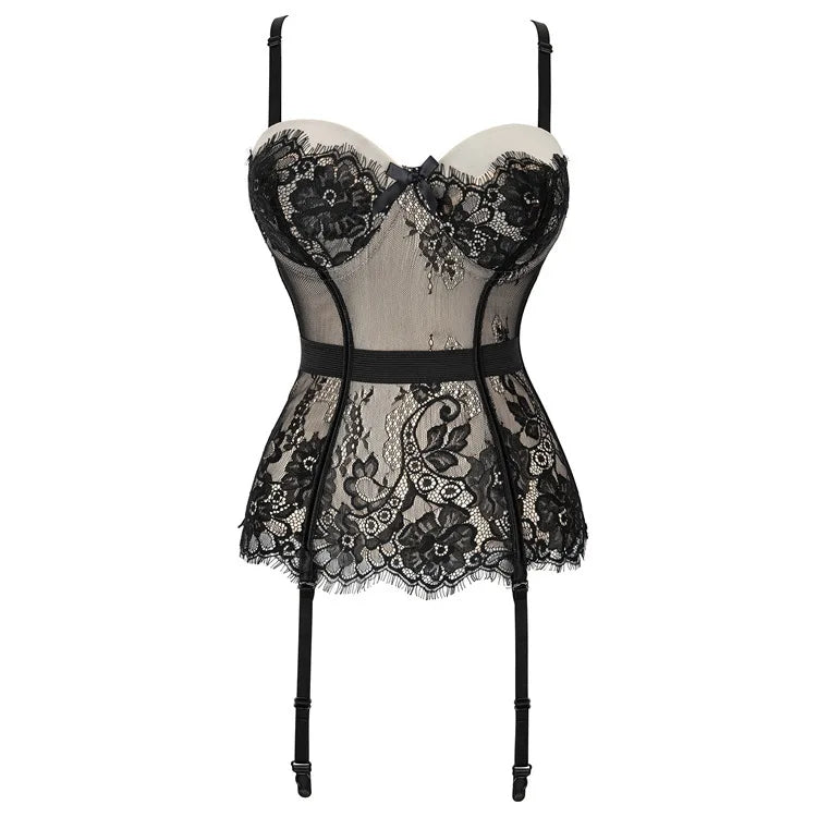 Women Lace up Corset Top Underwire Boned Overbust Corset Bustier Eyelash Mesh Jacquard Garter Lingerie Body Shaper Bustier