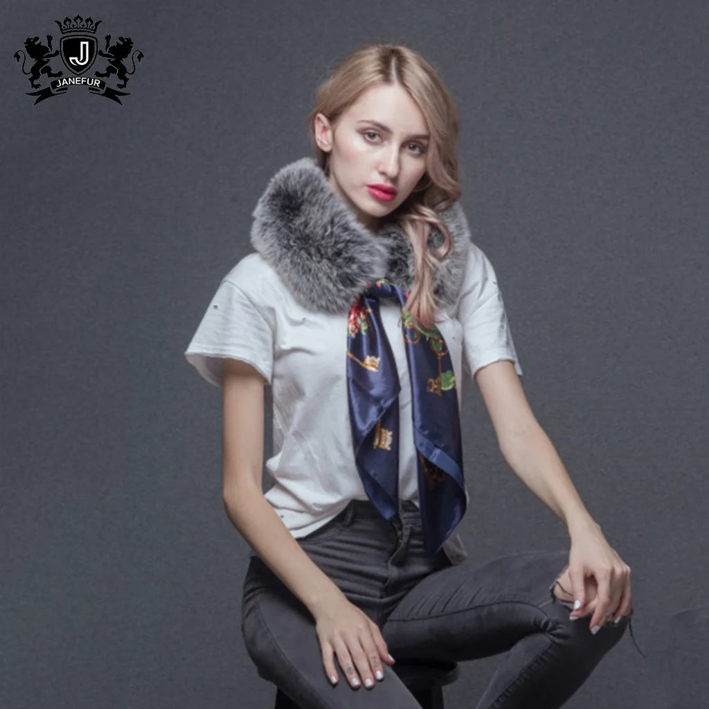 Versatile Warm Winter Fashion Elegant Neck Wrap for Coat Jacket & Evening Dress Detachable Real Fox Fur Collar with Silk Scarf