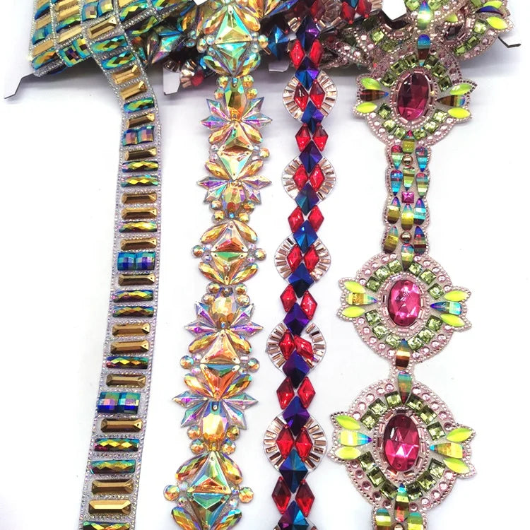 Assorted Hot Fix Resin Garment Decorative Trimming Iron-On Iridescent Diamond Rhinestone Trim for Carnival Costumes