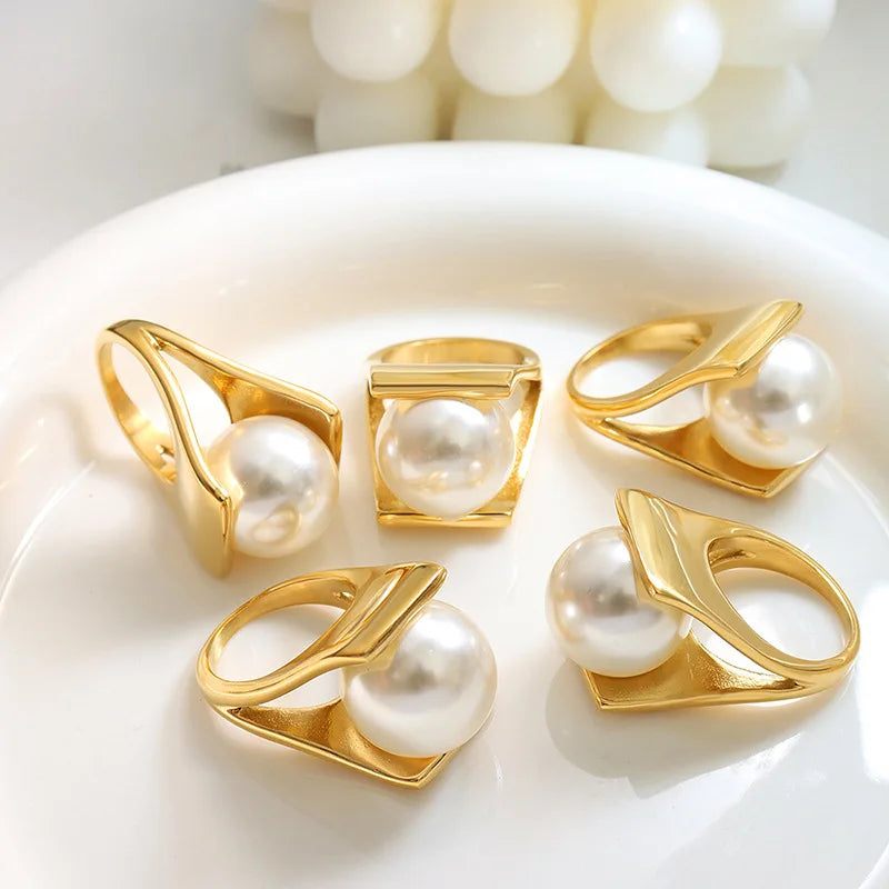 Italian Design Y Shaped Exaggerated Women's Engagement Pearl Ring Stainless Steel 2023